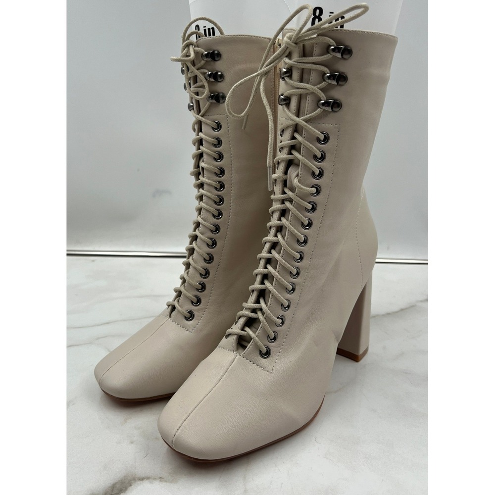 YOKI Jacklyn-22 Mid Calf Boots Women's Sz 9 Ivory Lace Up Square Toe Block Heel